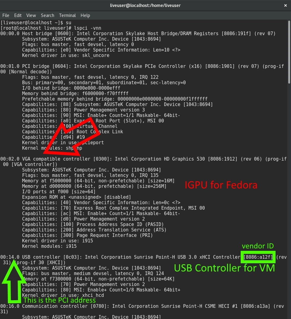 lspci -vnn: 1st image (showing the IGPU from the CPU we won't touch and the USB controller will use for the VM)