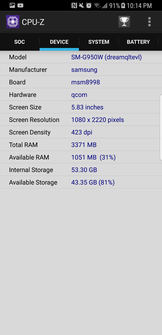 CPU-Z Screenshot: Device. Screen resolution at full power only under Performance Mode.