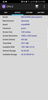CPU-Z Screenshot: Device. Screen resolution at full power only under Performance Mode.