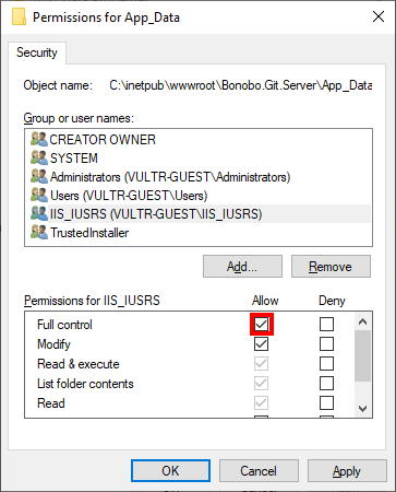 Allowing Full-Control on App_Data directory for the IIS User