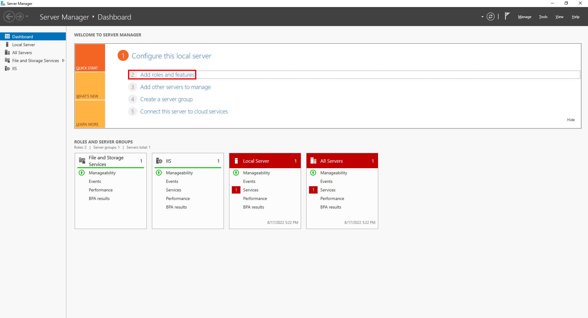Screen of the Server Manager on your Windows