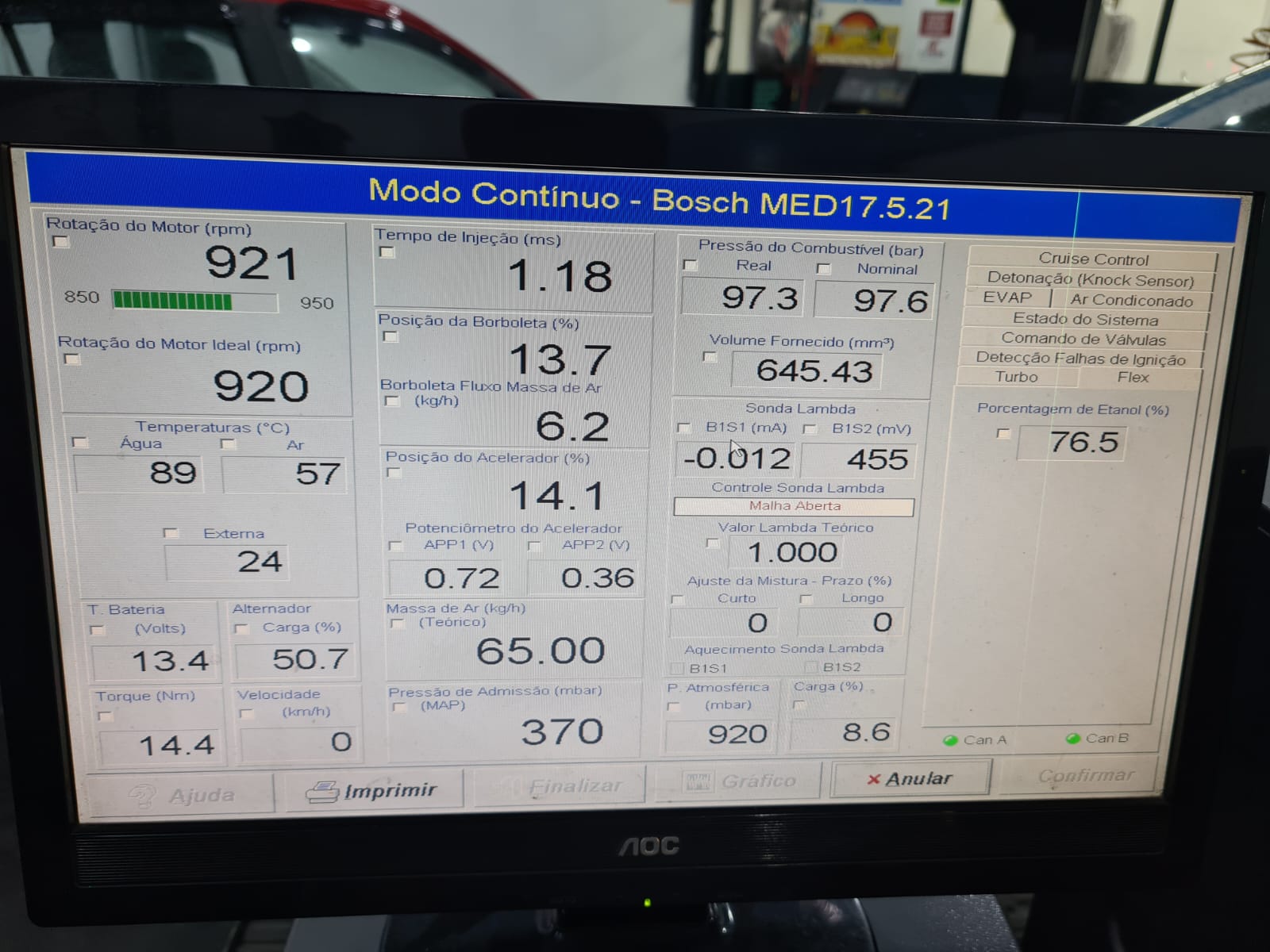Tela do aparelho de Diagn&oacute;stico de Inje&ccedil;&atilde;o Eletr&ocirc;nica